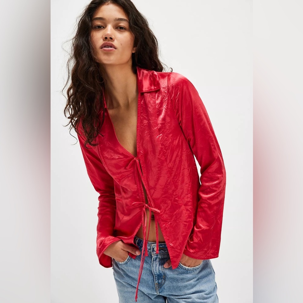 NWT Free People Star Eyes Crinkle Satin Top-Retro Red